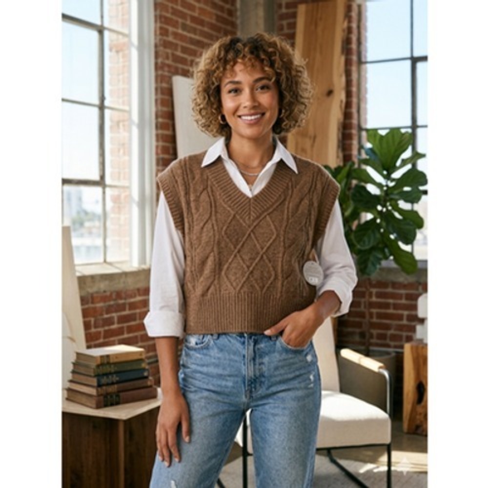 Sincerely Jules Brown Cable Knit V-Neck Cropped Sweater Vest Size M